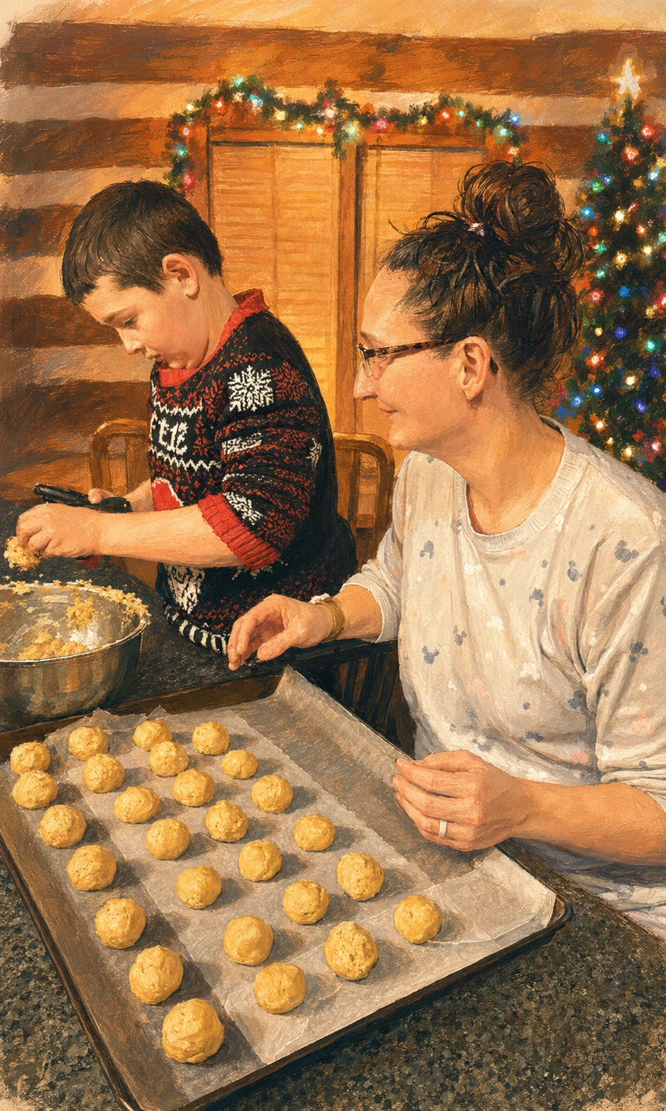 A mother and son baking Epic Dough cookies together