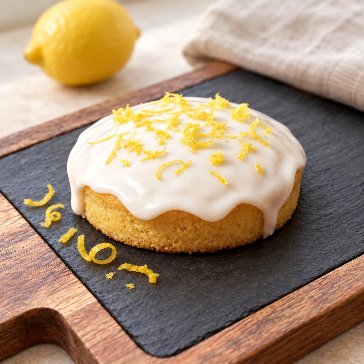 Mama’s Lemon Pound Cake cookie with white glaze and zest on a wood-rimmed slate board, with a lemon and zest accents beside it.