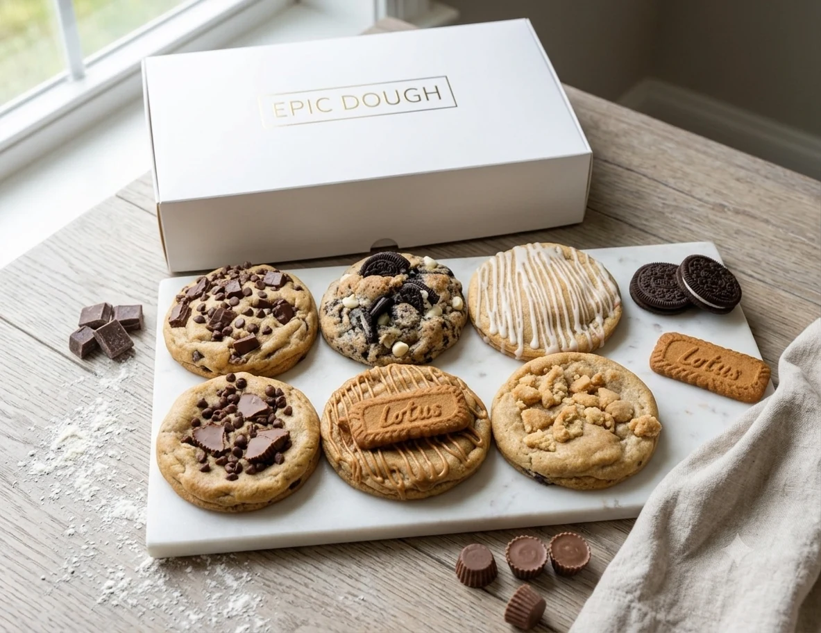 Open white Epic Dough box displaying six assorted oversized cookies.